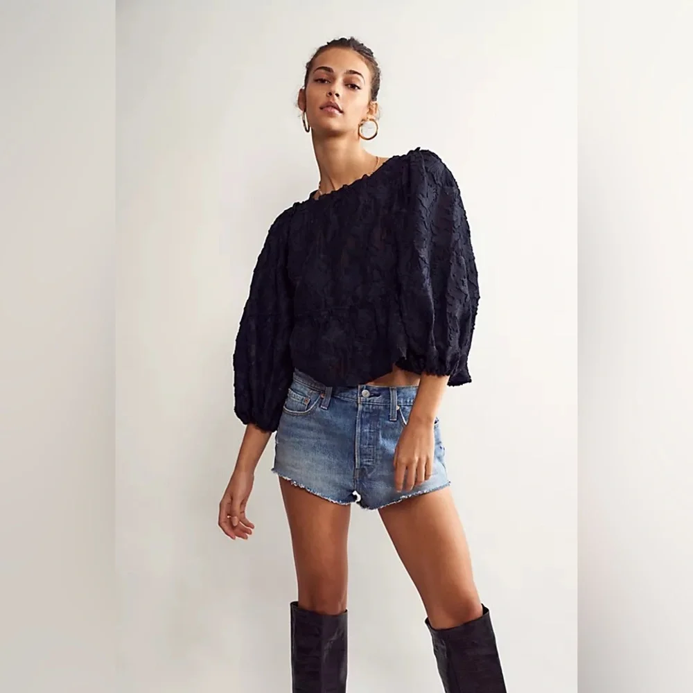 Free People Black Textured Blouse - Picture 1 of 8